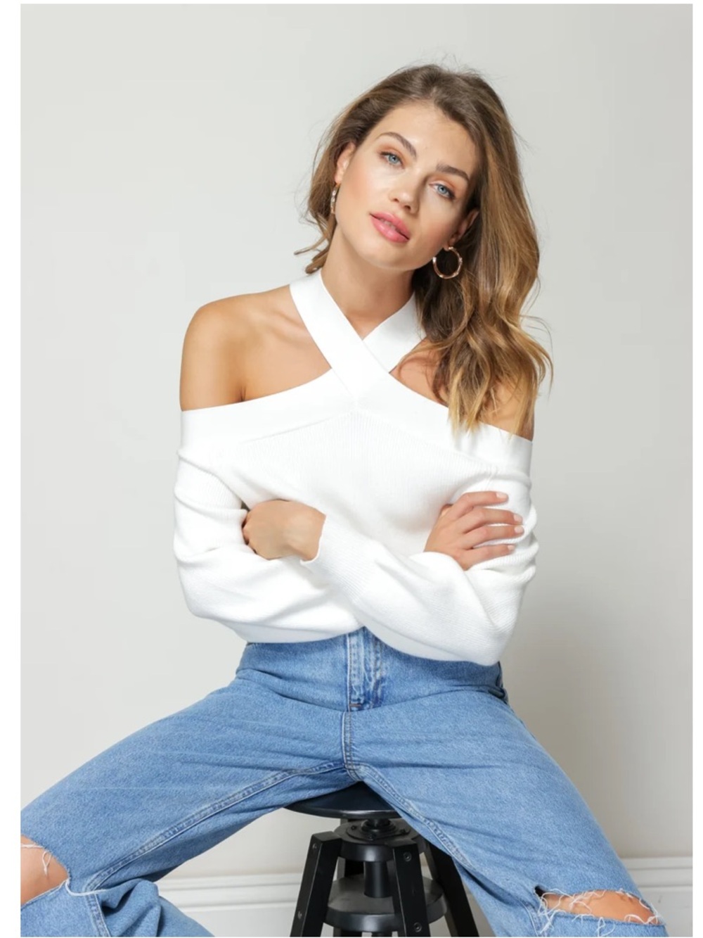 LINE AND DOT ARIANA COLD SHOULDER SWEATER White Size XS
